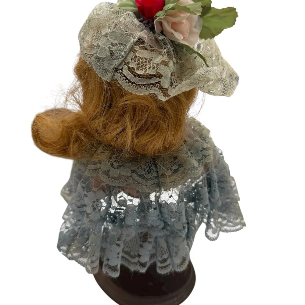 Porcelain Doll Bust Head on Stand with Lace Dress and Hat - Picture 4 of 8